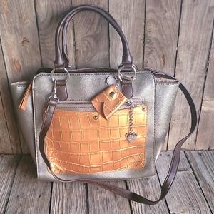 AURIELLE  Metallic Silver and Gold Women's Handbag Genuine Leather M/L Heart Det